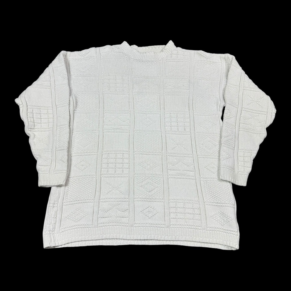 Vintage 90s Eddie Bauer Knit Patterned White Cotton Sweater Women's Medium